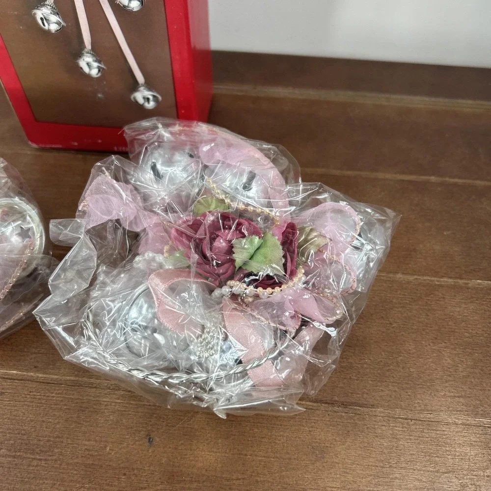 Vintage Victorian Silver, Christmas Pink Ribbons & Bells Door Hangers,‎ 2-Pcs